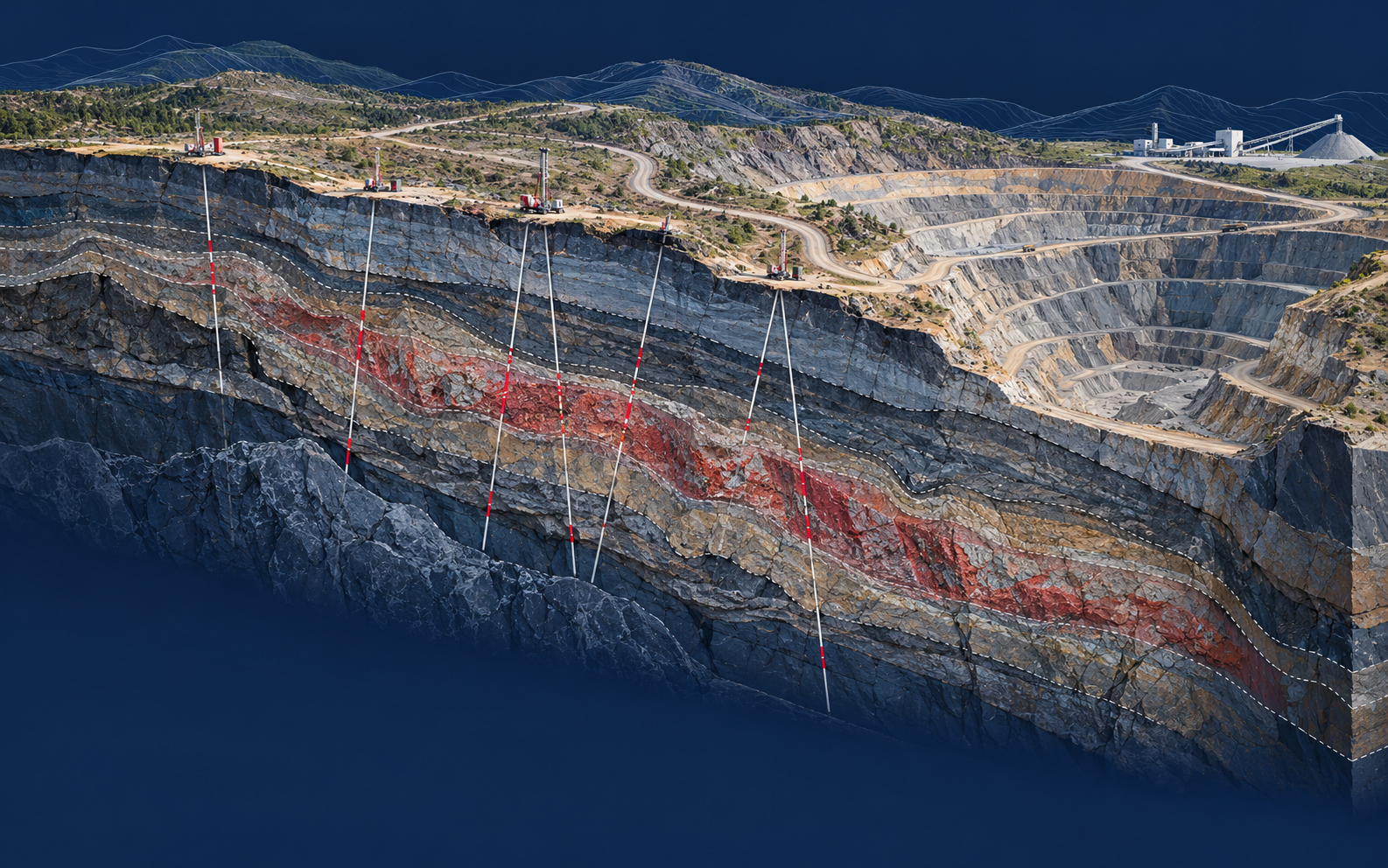 Illustrative mine cutaway showing geology, access and processing infrastructure.
