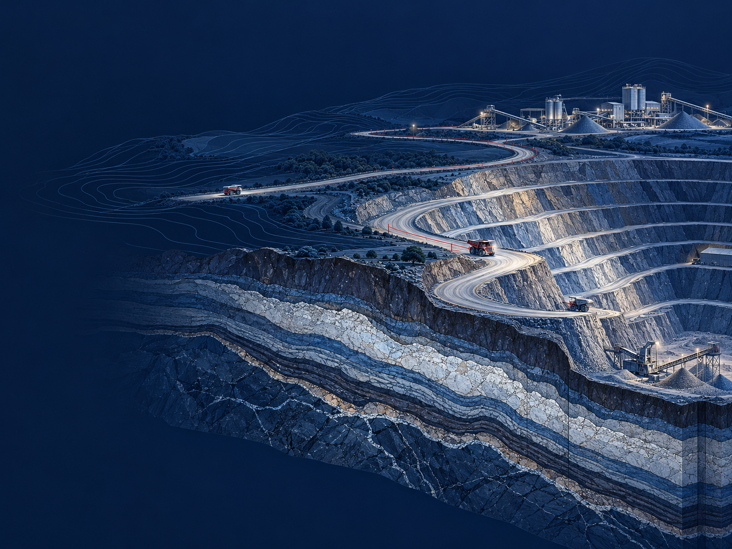Illustration of an open-pit mine with layered benches, an access road and processing facilities.