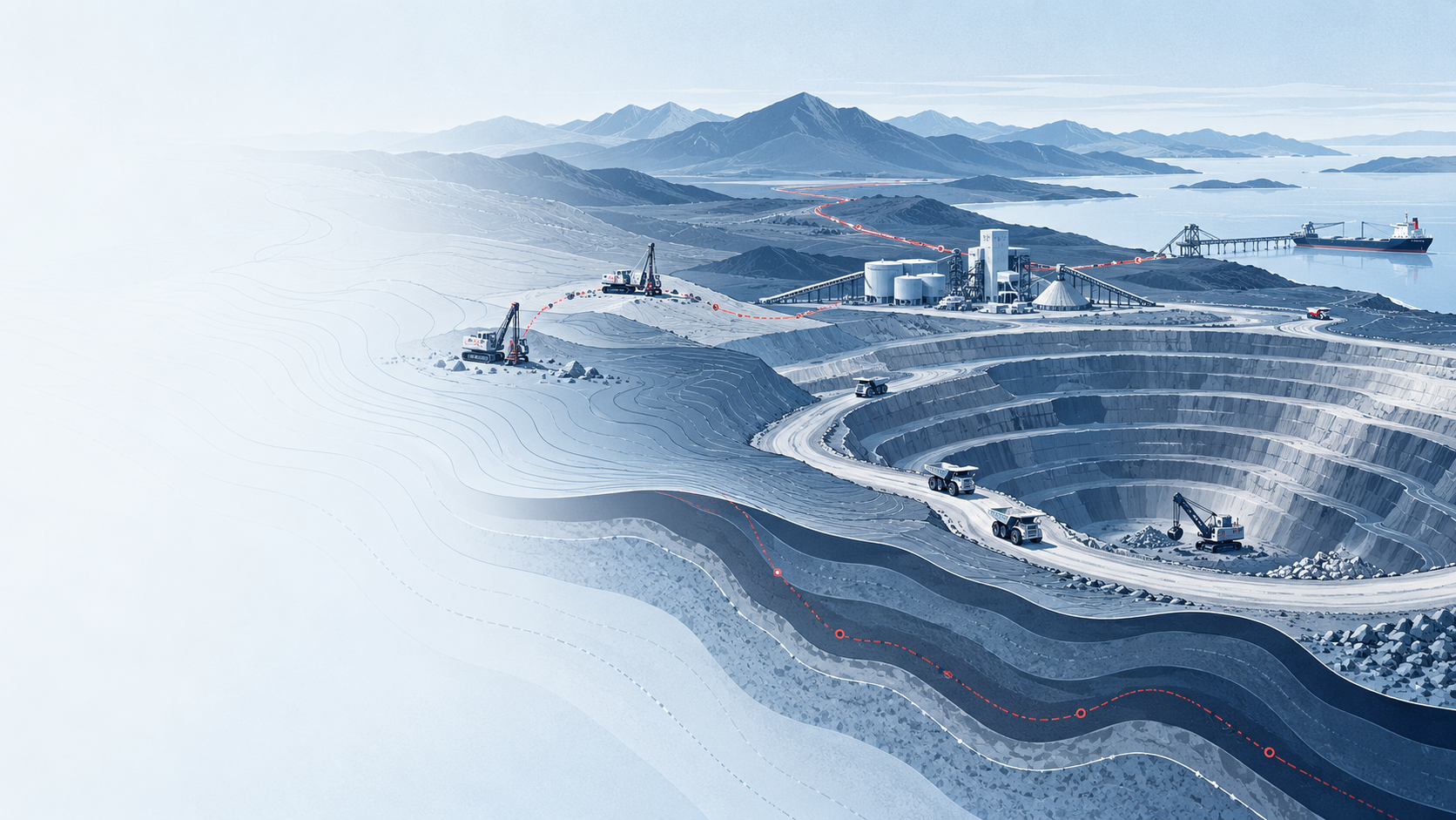 Concept illustration connecting a mine, processing plant and transport links.
